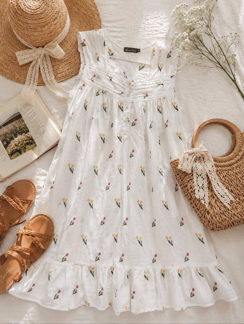 Retro Floral Eyelet Trim Babydoll Dress White Cottagecore Prairie Mini Small
